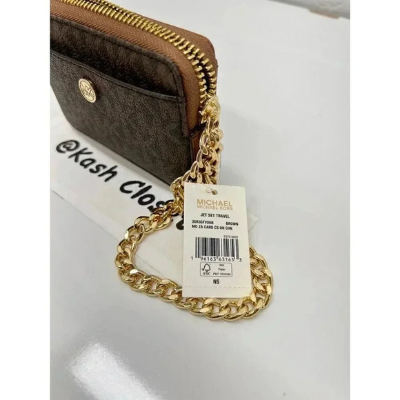 Michael Kors Medium Logo Zip Chain Card Case Wallet Brown - Picture 4 of 6